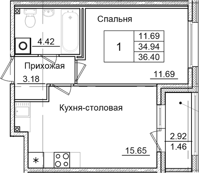 1-комнатная квартира 36.4 м², 1/9 эт., ЖК «Квартал Заречье»